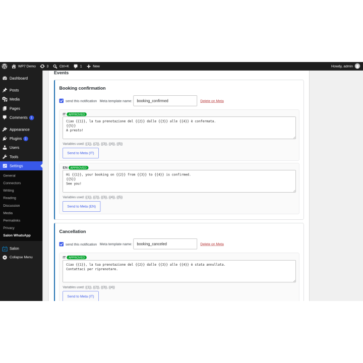 Editor dei messaggi (pannello del plugin, dati di esempio)