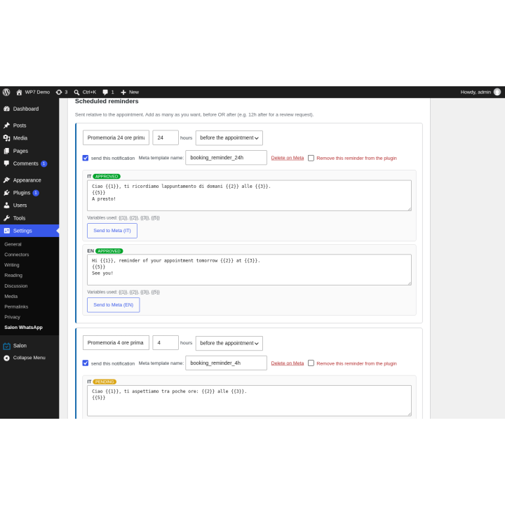 Promemoria programmabili (pannello del plugin, dati di esempio)