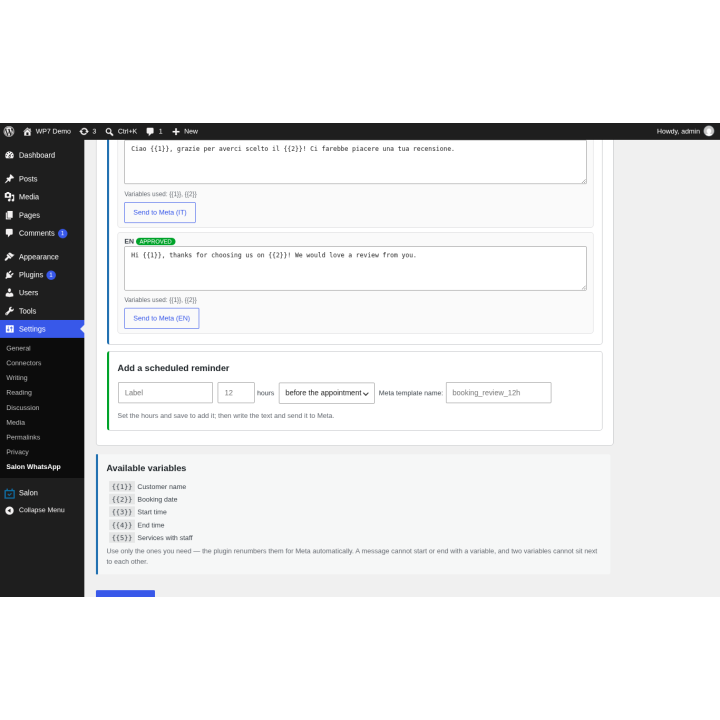 Aggiungi un promemoria e variabili disponibili (pannello del plugin)