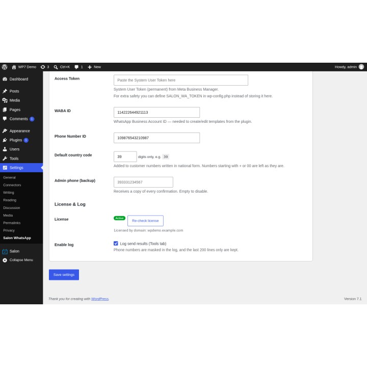 Stato della licenza (pannello del plugin, dati di esempio)