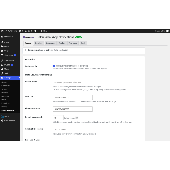 Attivazione e credenziali (pannello del plugin, dati di esempio)