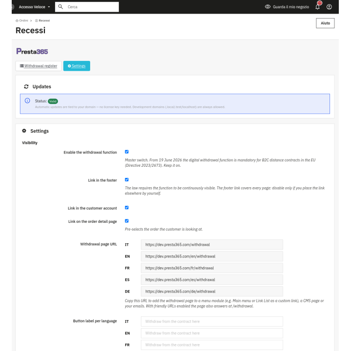 Panel de configuracion en el back office