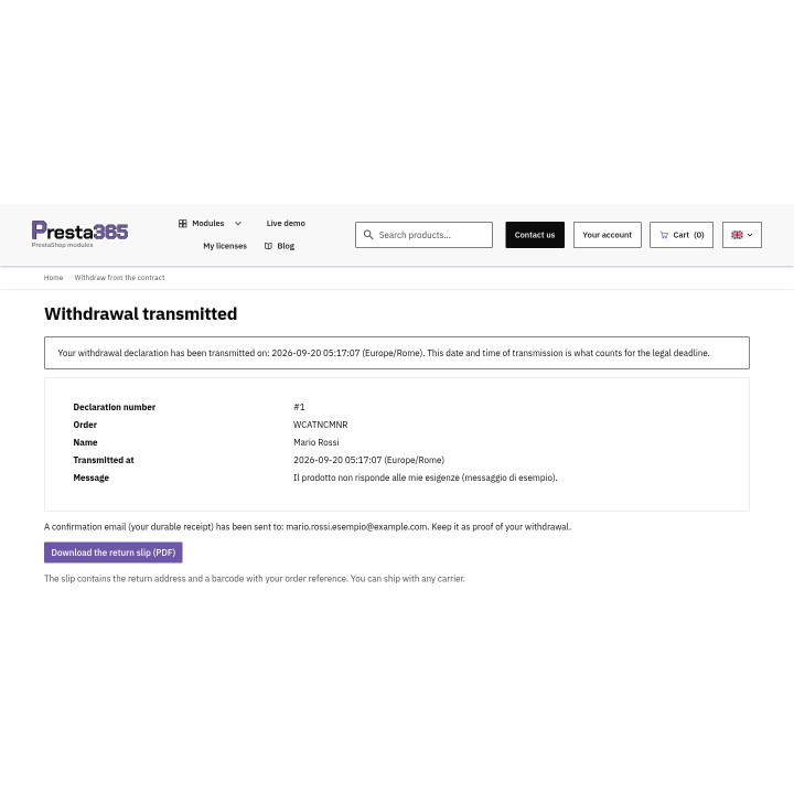 Confirmacion de desistimiento con recibo PDF