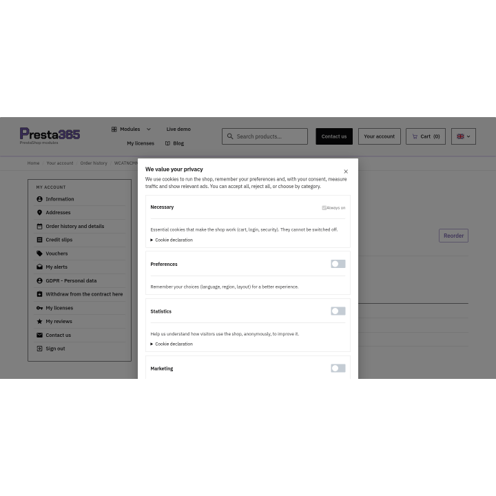 Preferenze per categoria (necessari, preferenze, statistiche, marketing)