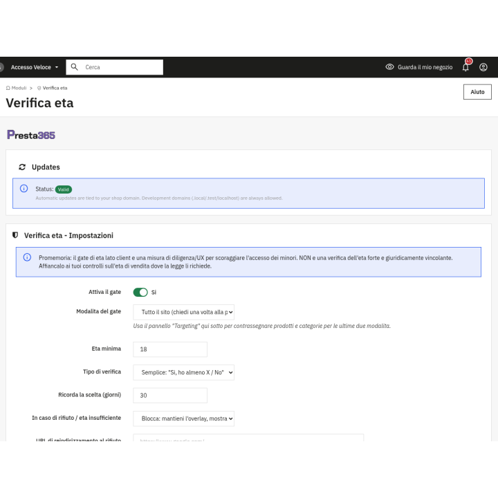 Panel de configuracion de la verificacion de edad