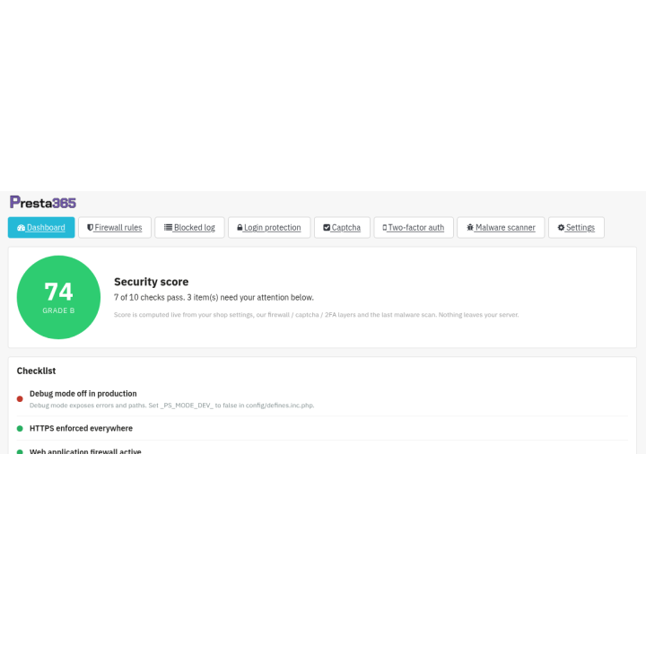 Cruscotto punteggio di sicurezza (dato reale dell'ambiente di prova)