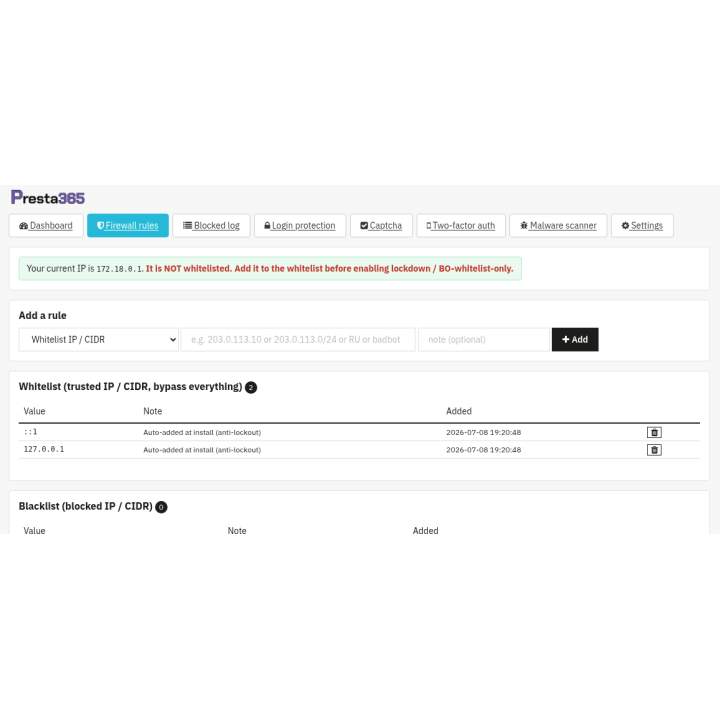Regole del firewall: whitelist e blacklist IP, paesi, user agent