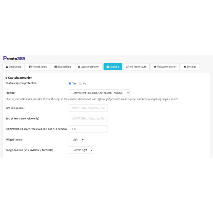 Captcha configurato sui moduli sensibili (login, registrazione, contatti)