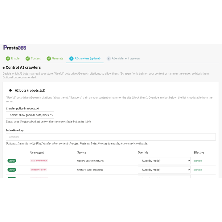 Assistente guidato: attivazione e controllo dei crawler IA
