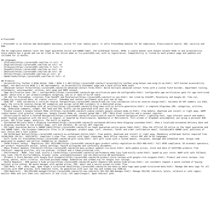 Il file llms.txt generato, davvero pubblicato sul negozio