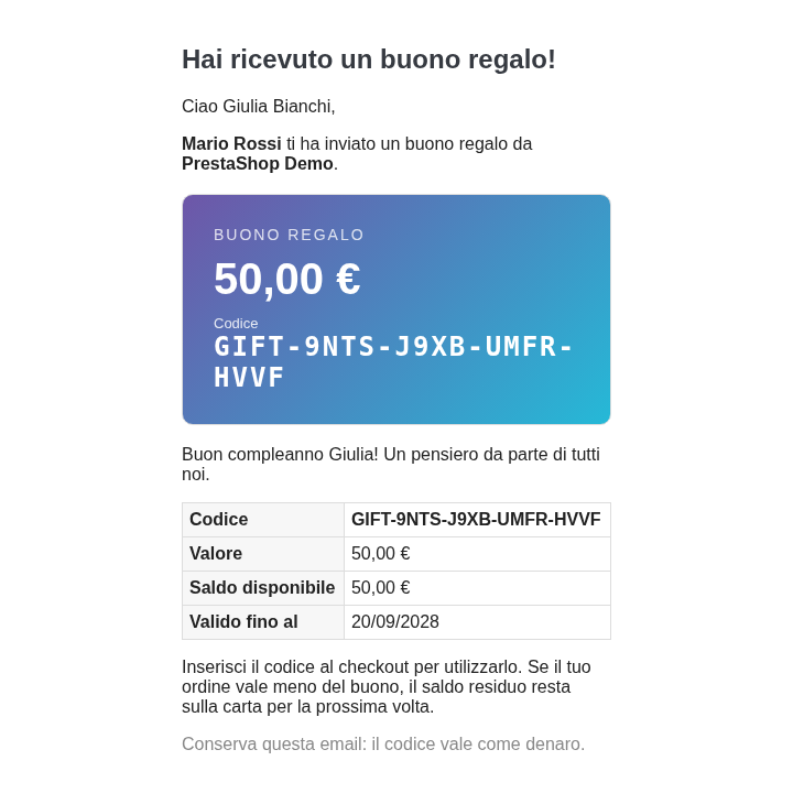 Esempio: il buono regalo come arriva al cliente via email