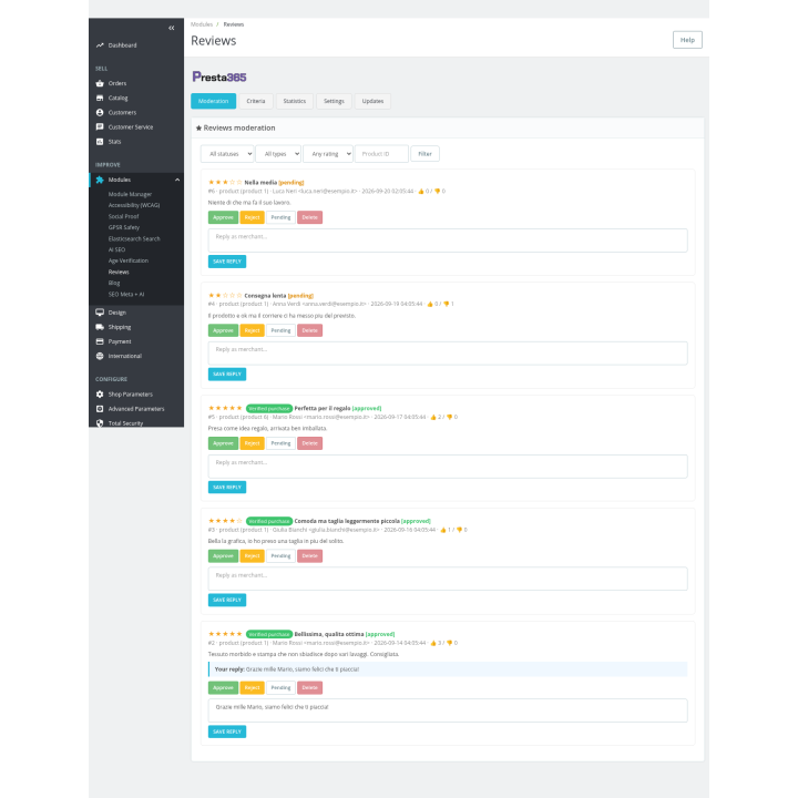 Esempio: moderazione recensioni con risposta del negoziante