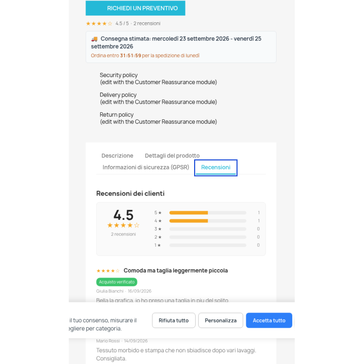 Esempio: blocco recensioni sulla scheda prodotto