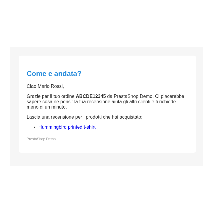 Esempio: mail di richiesta recensione dopo l'acquisto