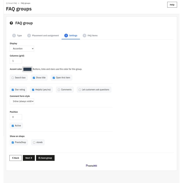 Instellingen van de FAQ-groep