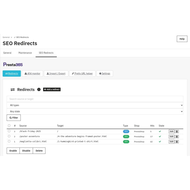 Lista delle regole di redirect