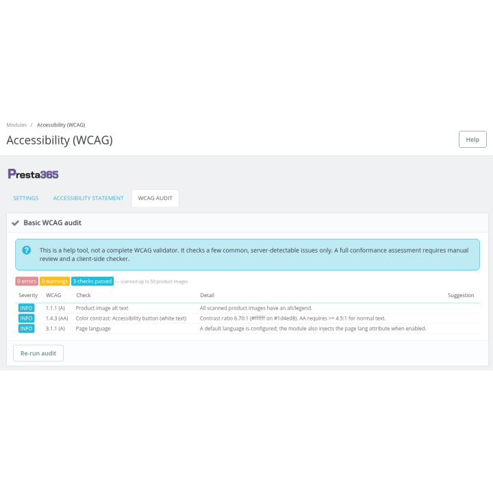 Accessibilité pour PrestaShop: barre WCAG 2.1 AA et EAA