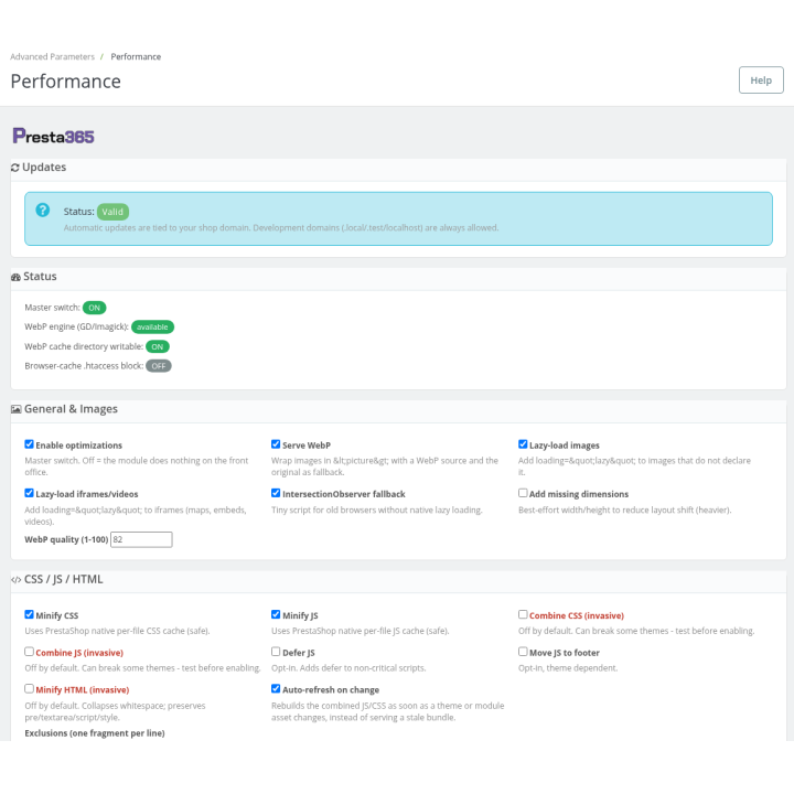 Wydajność PrestaShop: WebP, lazy load, minifikacja, cache