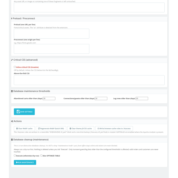 Performance für PrestaShop: WebP, Lazy Load, Minify, Cache