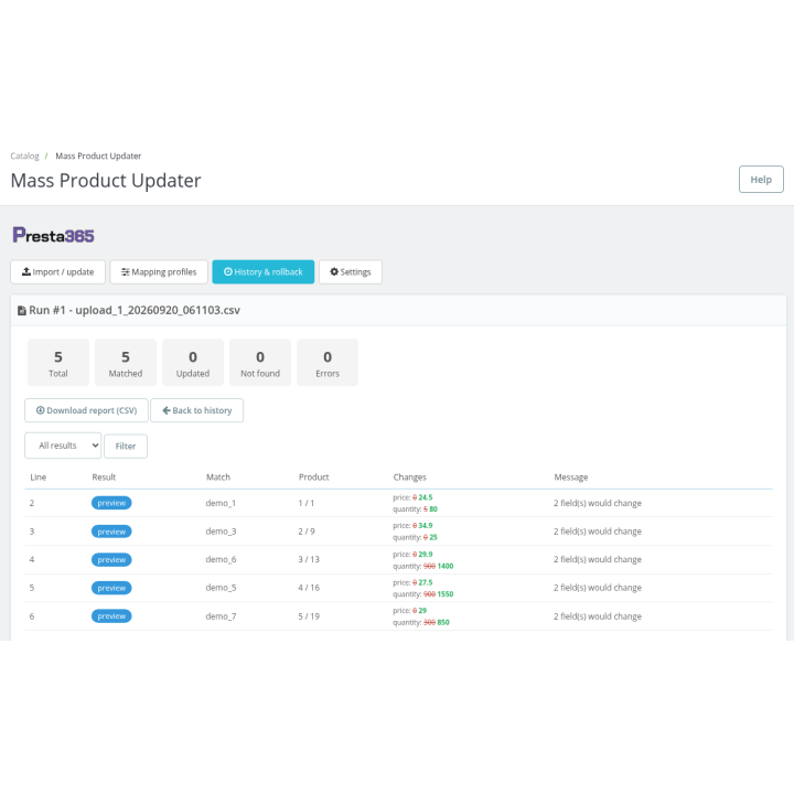 Aggiornamento prodotti CSV/Excel per PrestaShop