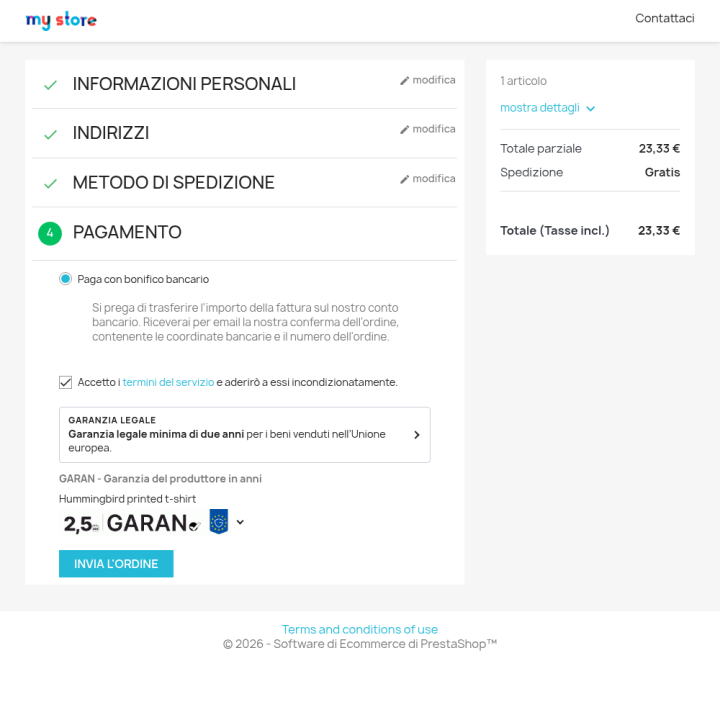 Pagamento: avviso ed etichetta GARAN subito sopra il pulsante dell'ordine