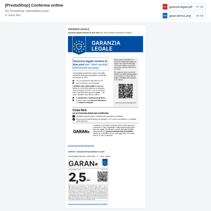 Order confirmation email with the official PDF attached