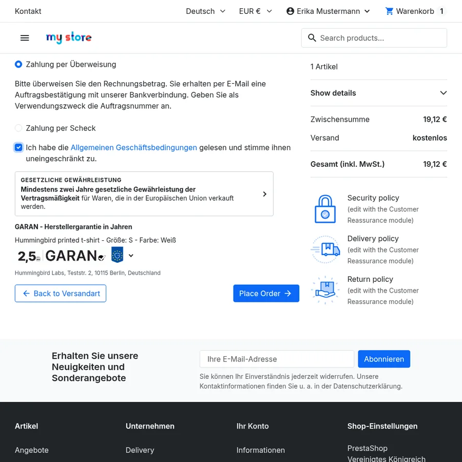 Zahlungsschritt eines PrestaShop-Shops mit Hinweis und GARAN-Kennzeichnung direkt über dem Bestellbutton