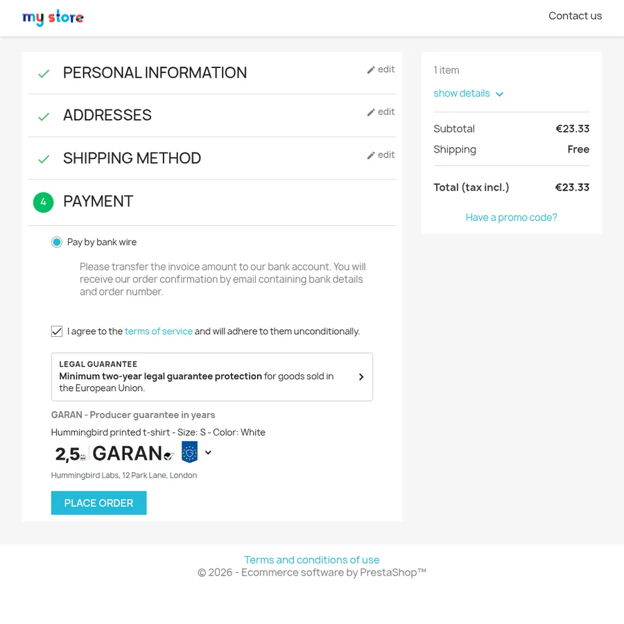 Payment step of a PrestaShop store with the notice and the GARAN label right above the order button