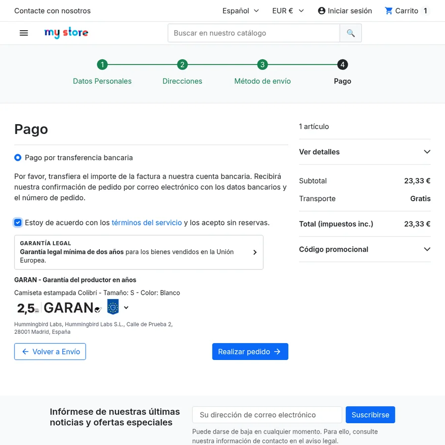Paso de pago de una tienda PrestaShop con el aviso y la etiqueta GARAN justo encima del botón de pedido