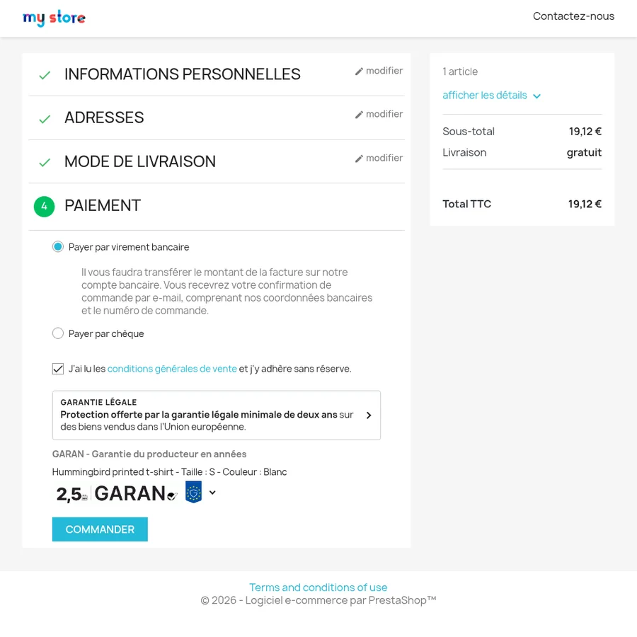 Étape de paiement d'une boutique PrestaShop avec l'avis et le label GARAN juste au-dessus du bouton de commande