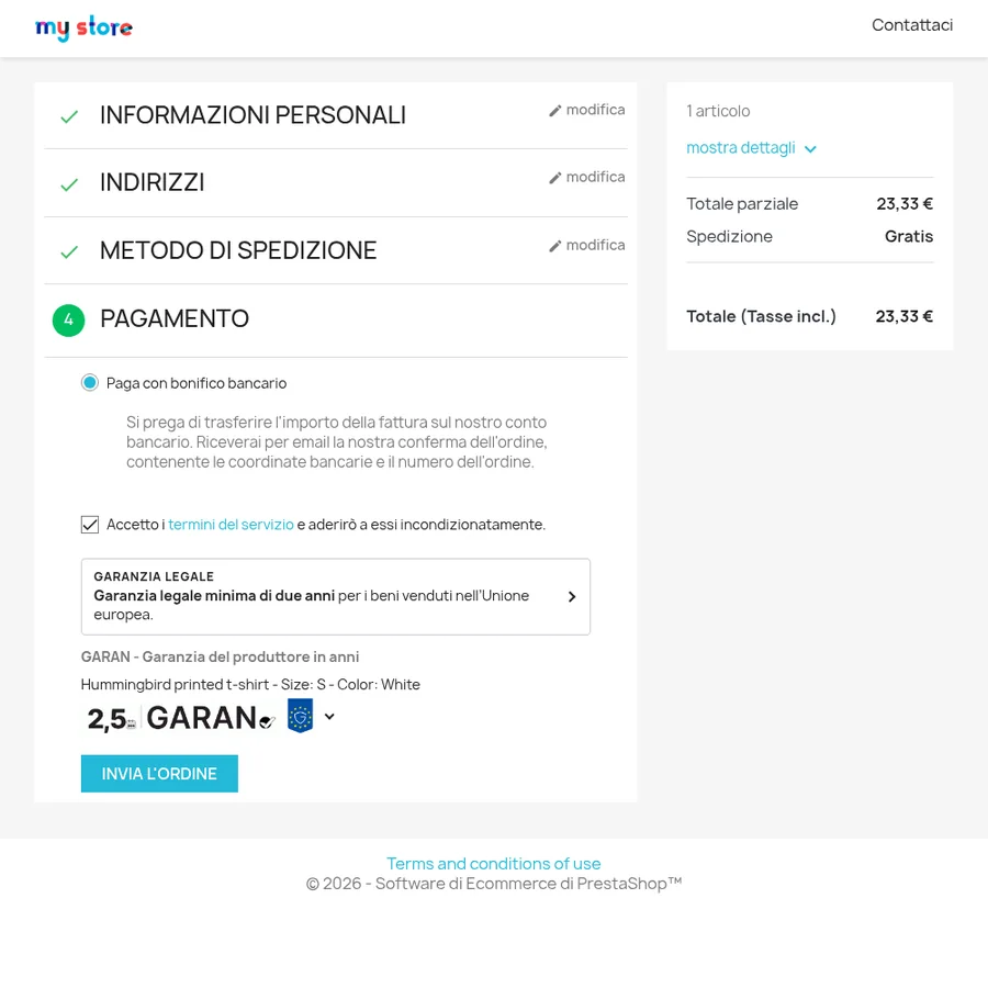 Pagina di pagamento di un negozio PrestaShop con avviso ed etichetta GARAN subito sopra il pulsante d'ordine