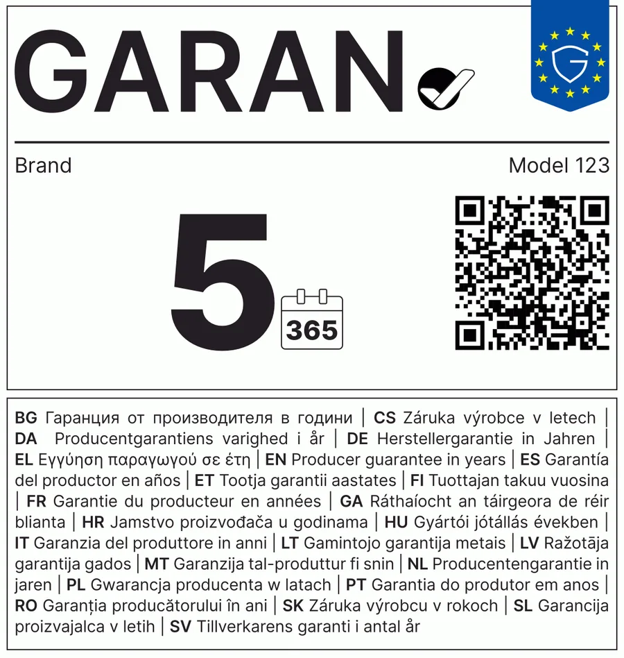 Example of a GARAN label with a 5-year guarantee, sample manufacturer and model