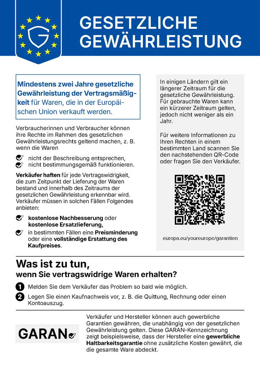 Offizieller harmonisierter EU-Hinweis zur gesetzlichen Gewährleistung, auf Deutsch
