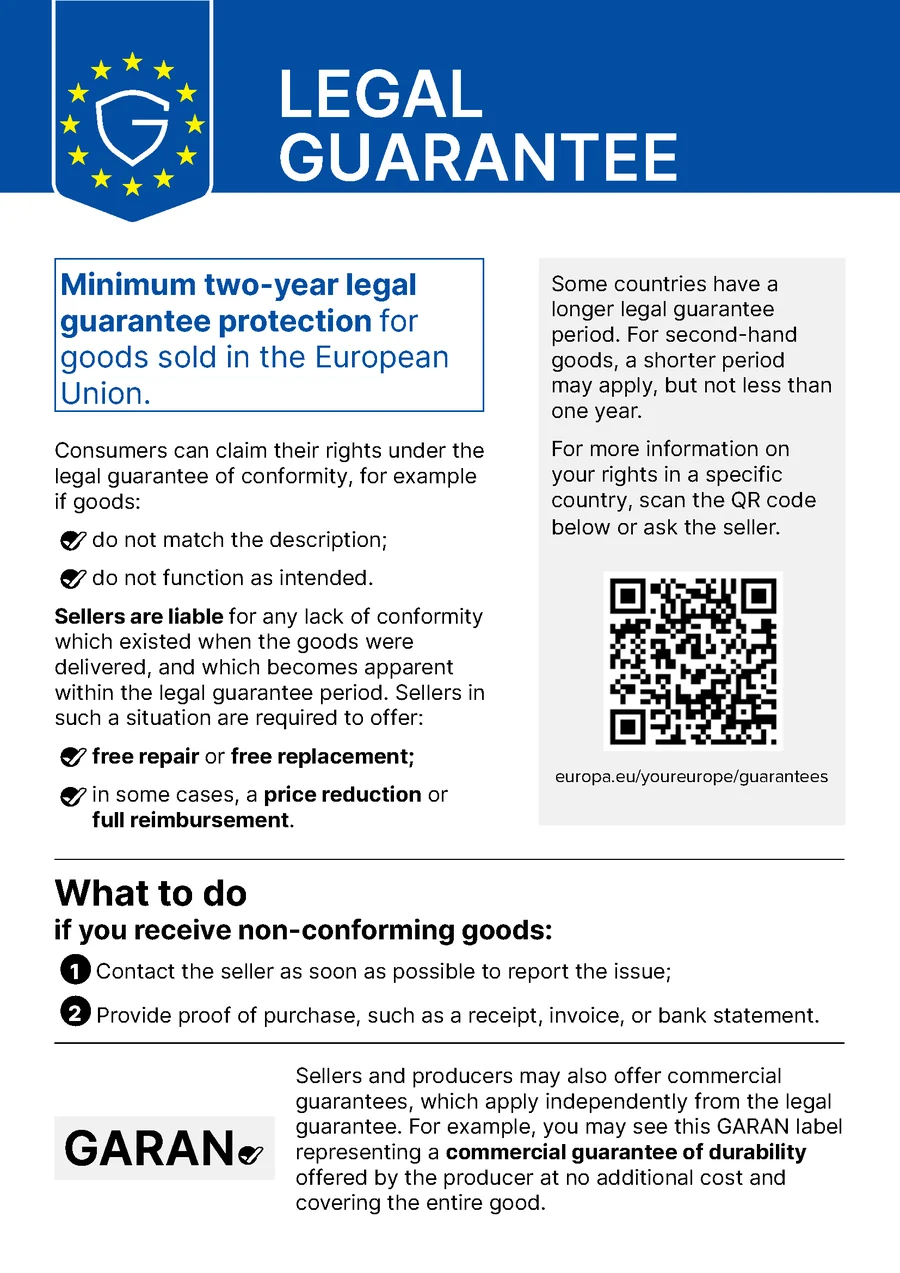 Official EU harmonised notice on the legal guarantee of conformity, in English