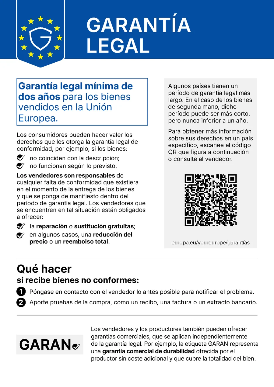 Aviso armonizado oficial de la UE sobre la garantía legal de conformidad, en español