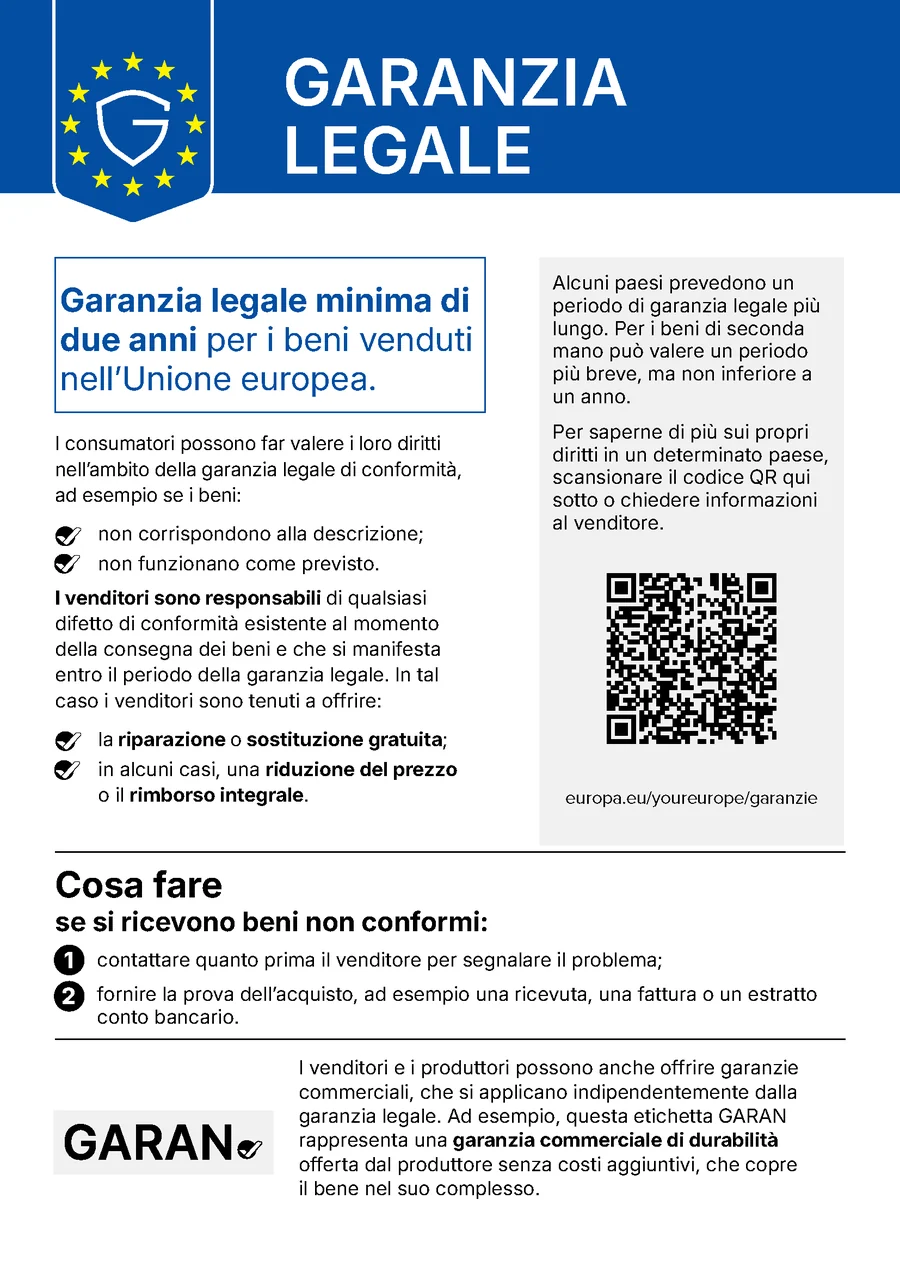 Avviso armonizzato ufficiale dell'UE sulla garanzia legale di conformità, in italiano