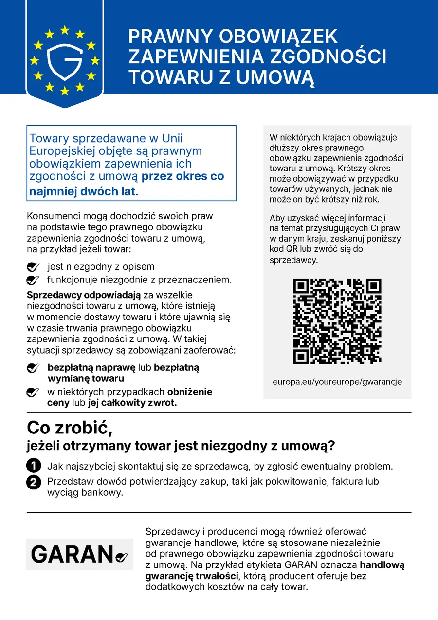 Oficjalne zharmonizowane powiadomienie UE o prawnym obowiązku zapewnienia zgodności towaru z umową, w języku polskim