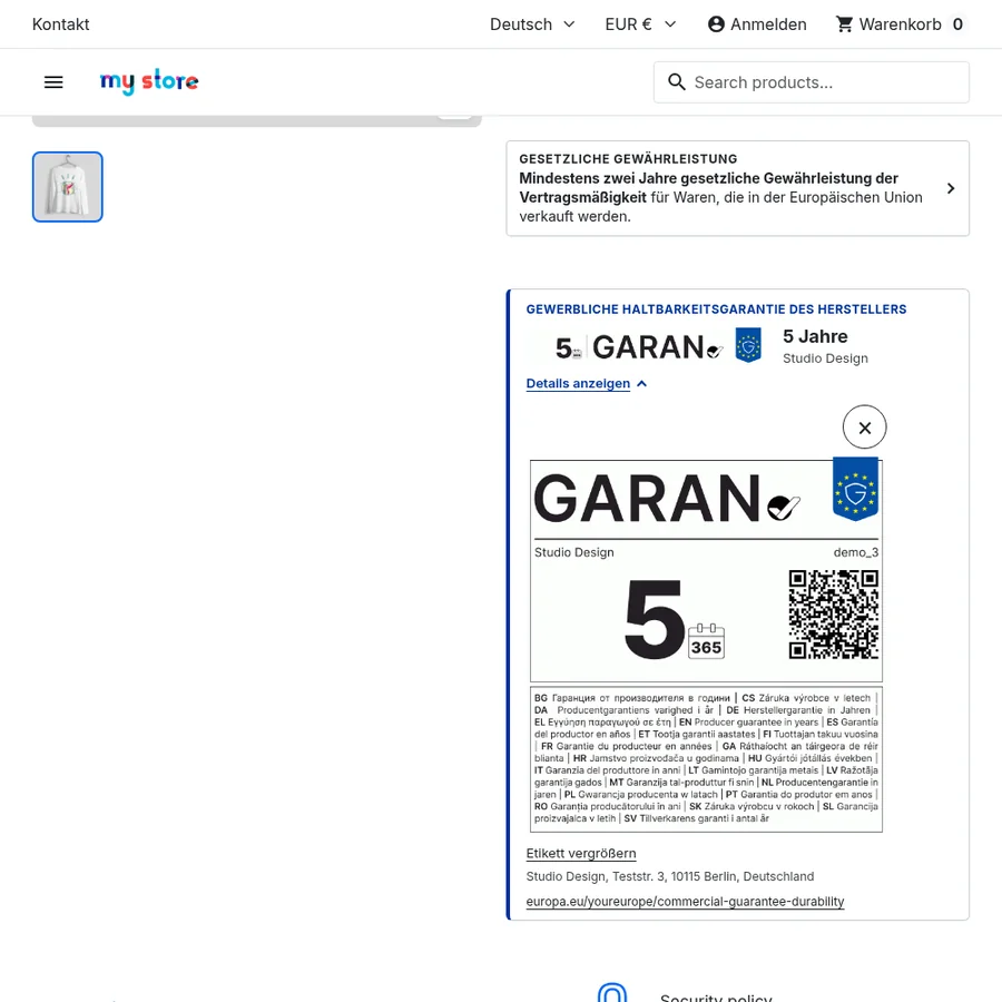 Produktseite eines PrestaShop-Shops mit der Zeile des EU-Hinweises und dem Kasten mit der GARAN-Kennzeichnung