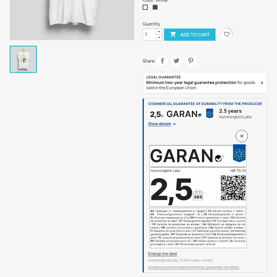 Product page of a PrestaShop store with the EU notice line and the box with the GARAN label