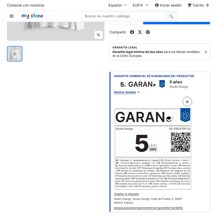 Ficha de producto de una tienda PrestaShop con la línea del aviso UE y el recuadro con la etiqueta GARAN