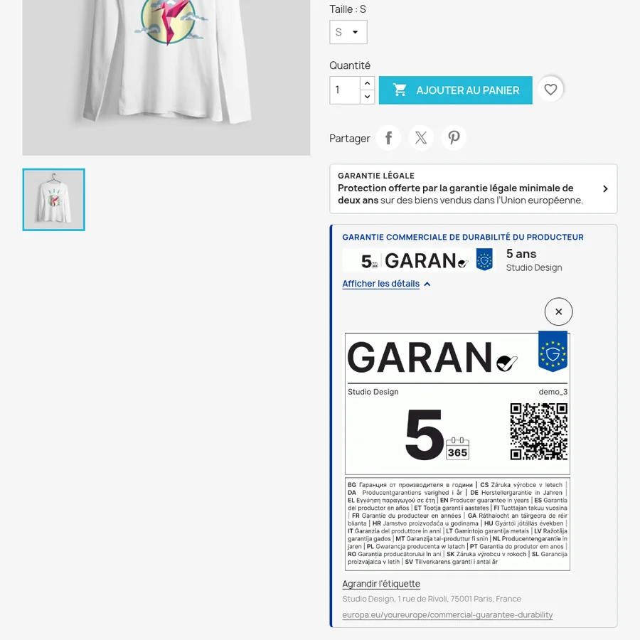 Fiche produit d'une boutique PrestaShop avec la ligne de l'avis UE et l'encadré du label GARAN