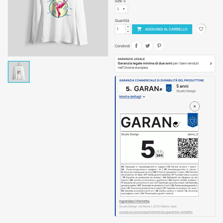 Scheda prodotto di un negozio PrestaShop con la riga dell'avviso UE e il riquadro con l'etichetta GARAN