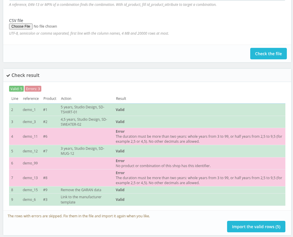 Preview of a CSV import