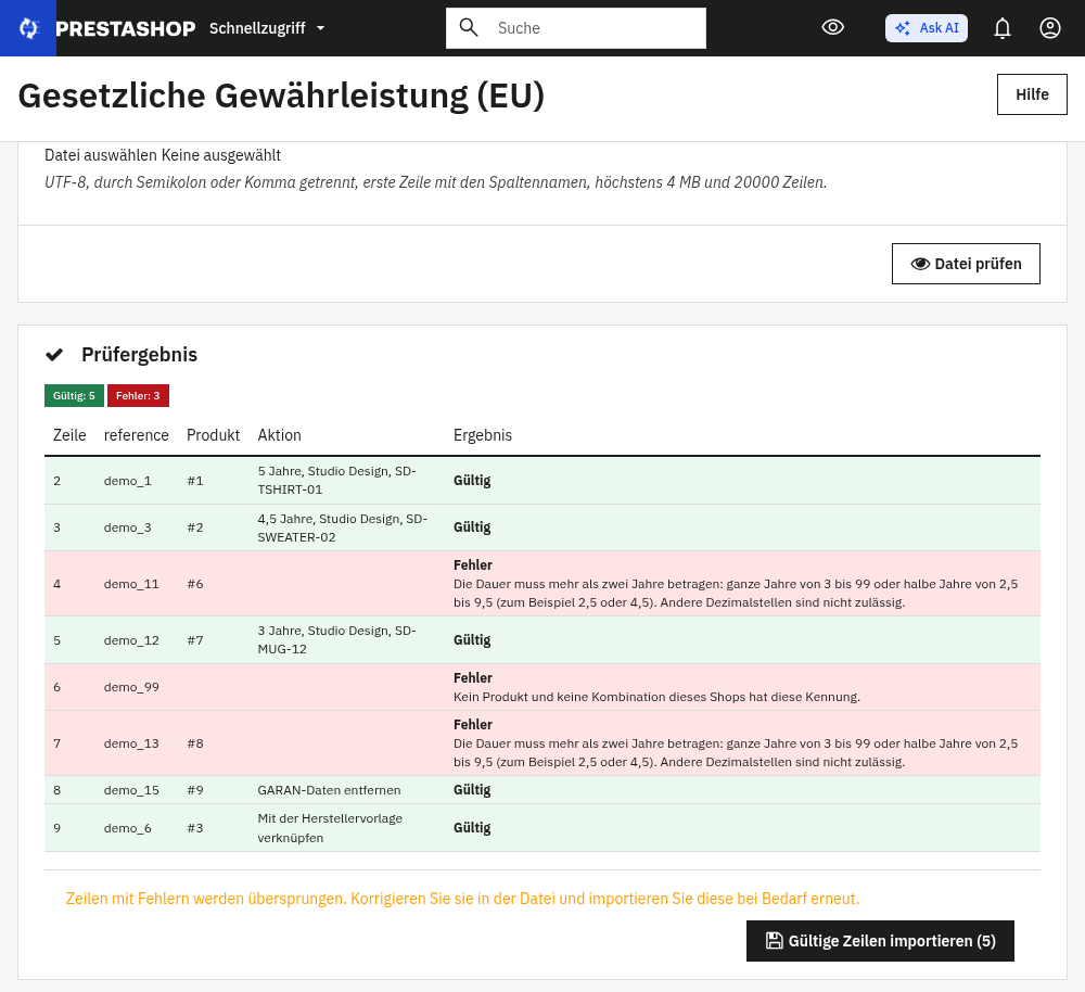 Vorschau eines CSV-Imports