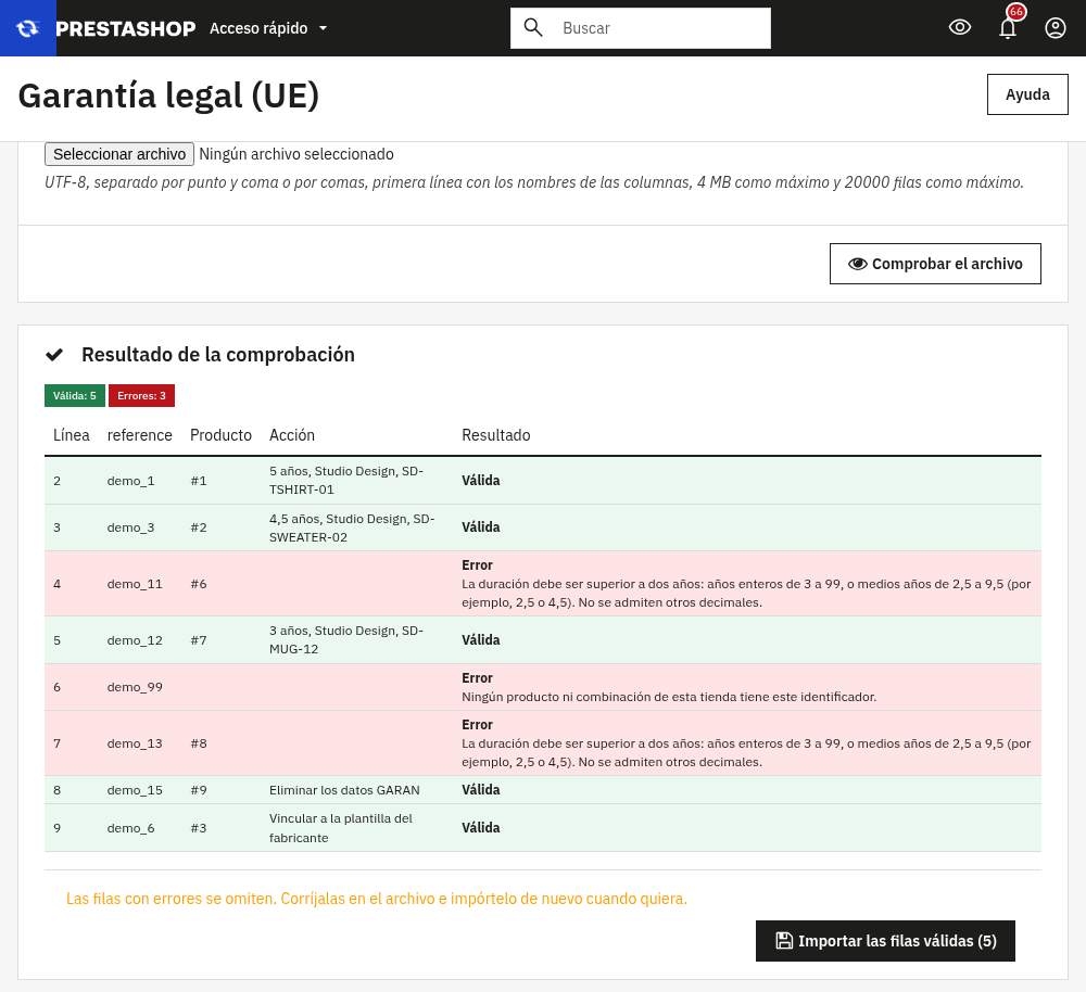 Vista previa de una importación CSV