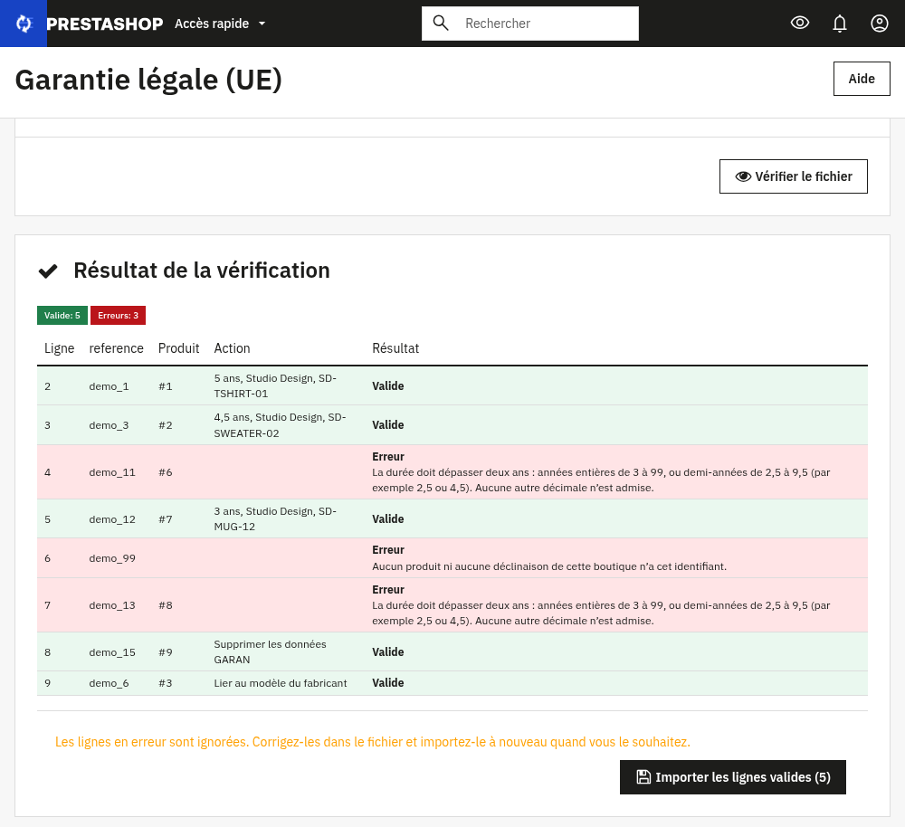 Aperçu d'un import CSV