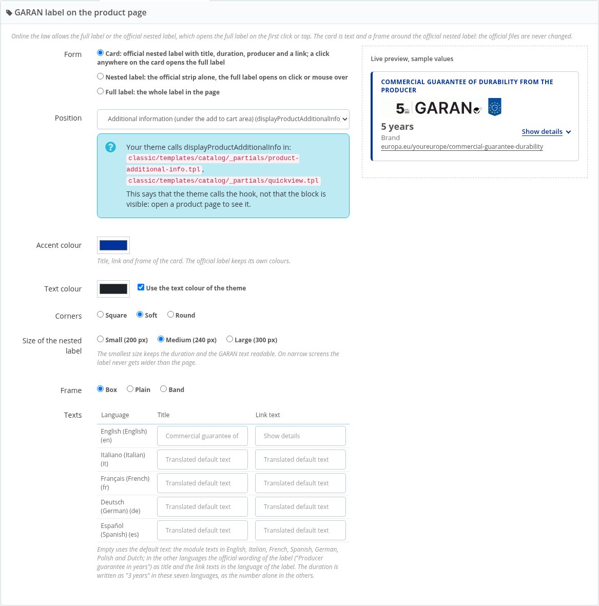 Form, position and look of the label with live preview