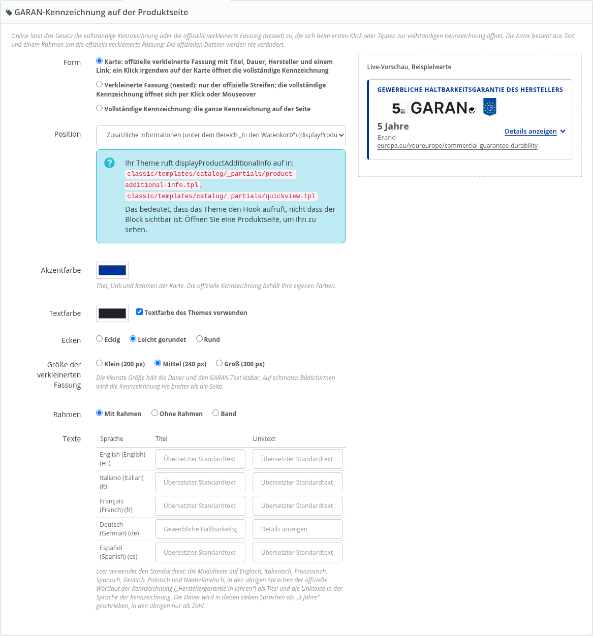 Form, Position und Aussehen der Kennzeichnung mit Live-Vorschau