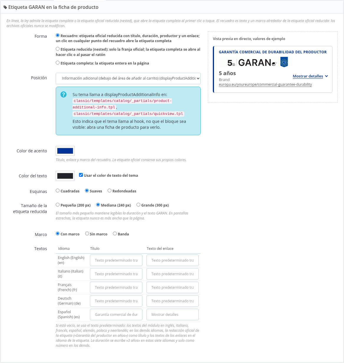 Forma, posición y aspecto de la etiqueta con vista previa en directo