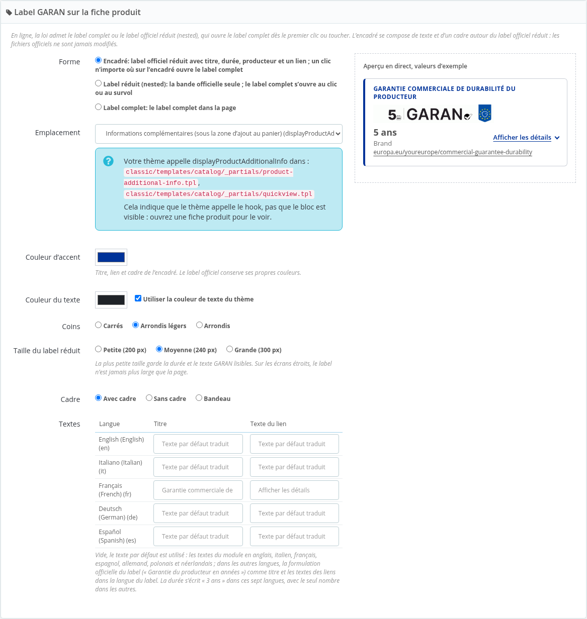 Forme, emplacement et aspect du label avec aperçu en direct